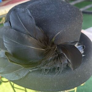 glory Vintage black wool women’s hat with feathers and satin trim.